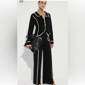 Commense Black and White Wide Leg 2 piece knit pants suit